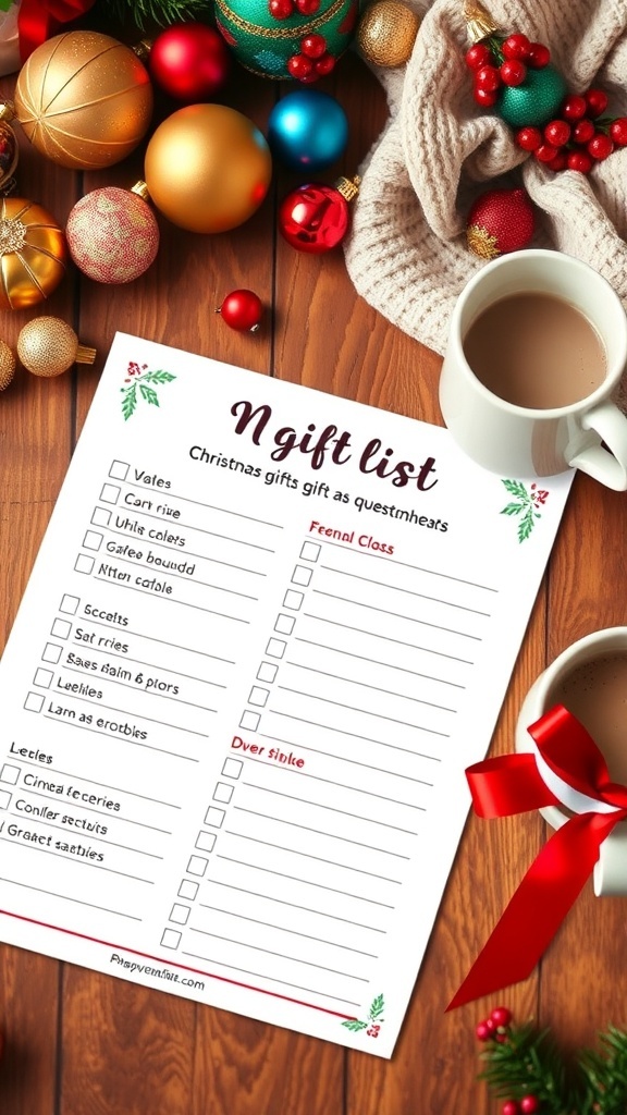 A Christmas gift list questionnaire on a table with ornaments and hot cocoa.
